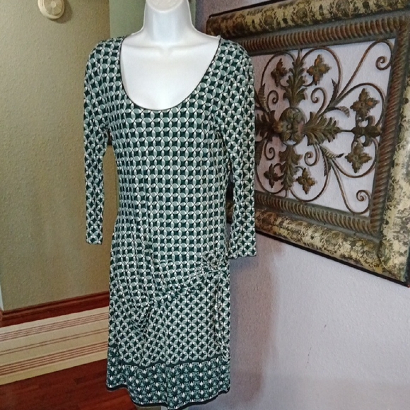 EUC Max Studio Green Ruch Tie Front Geometric Print  Dress Sz M - Picture 1 of 10